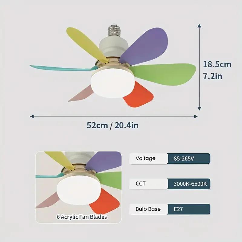 Ceiling Fan Light, Screw In Small Ceiling Fan with Remote, 3 Wind Speed, Dimmable LED, 3000-6500K,6 White Blades, 20.5 Inch