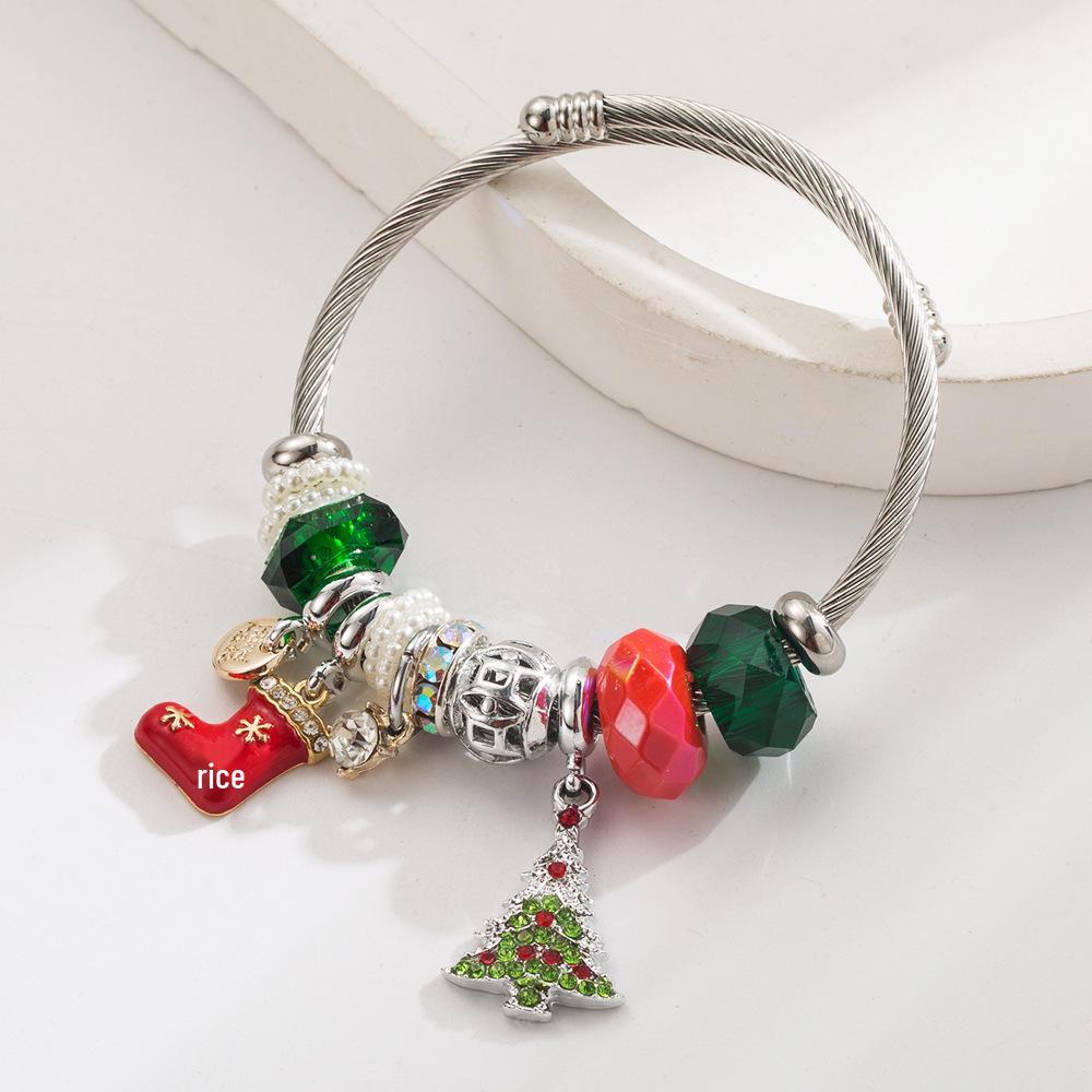 New Christmas Elements Holiday Bangle: Stainless Steel Bracelet with Santa Claus, Christmas Tree, Candy Cane, and Boots Accessories