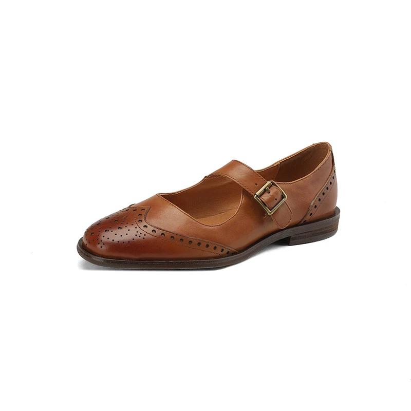 Fashion 2024 New Genuine Leather Low Heel Mary Jane Shoes Spring Women Shoes Chunky Heel Round Toe Shoes Women Pumps Retro Loafers