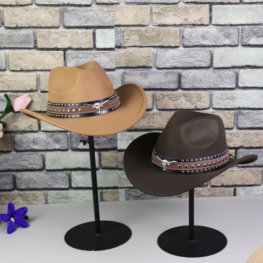 Western Cowboy Hat Big Edge Top Hat Women's European and American Jazz Hat Upturned Edge Felt Hat Tibetan Bull Head Casual Hat Men