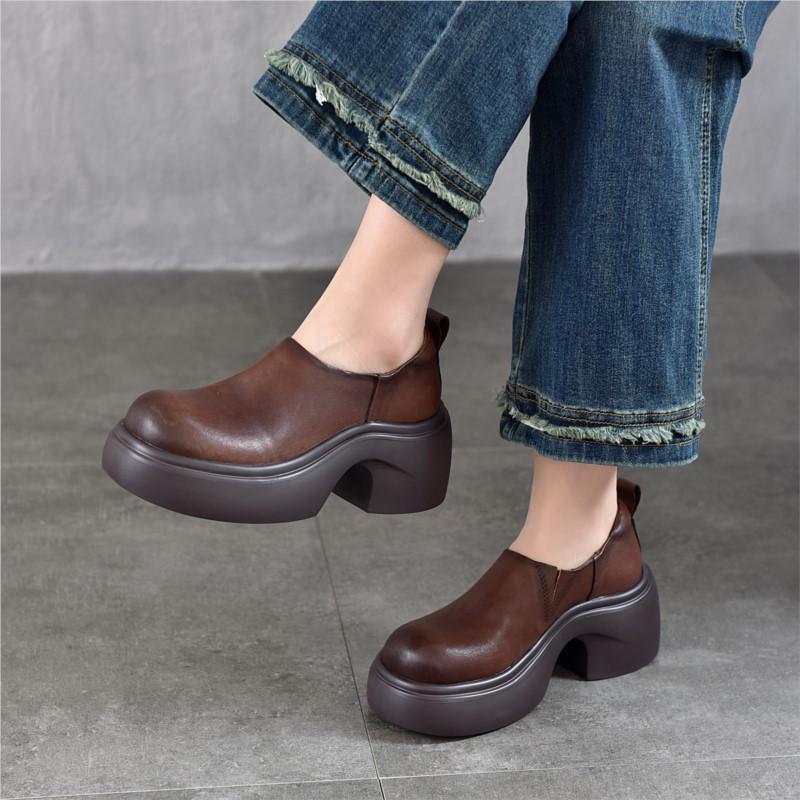 Johnature Lightweight Thick Soled Genuine Leather High-heeled Pumps Versatile Round Toe Women's Platform Shoes