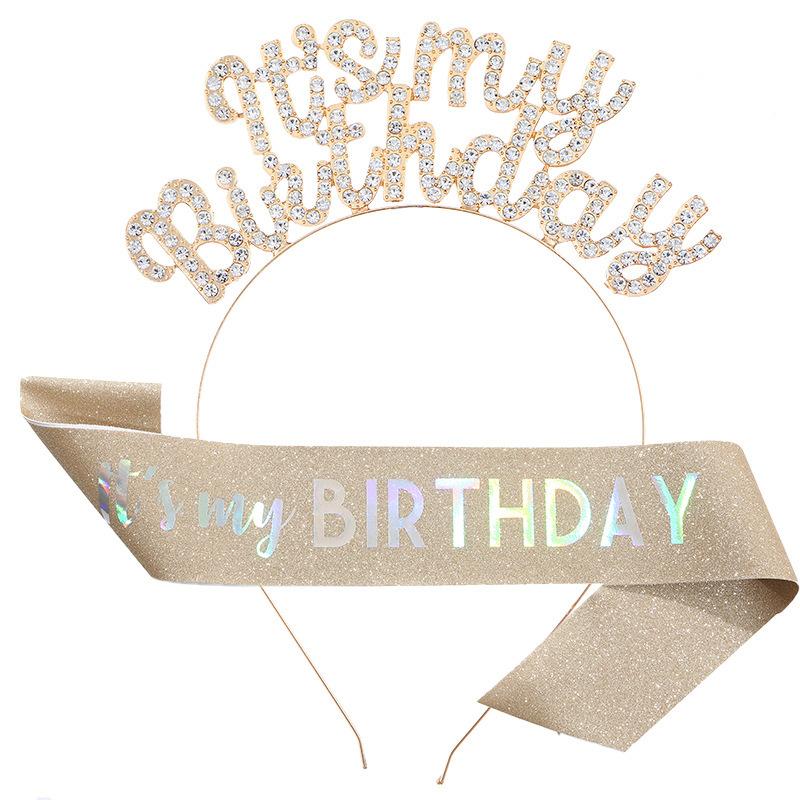 New Birthday Headband Shoulder Strap Etiquette Belt Set IT'S MY BIRTHDAY Women's Headdress Hair Accessories Party