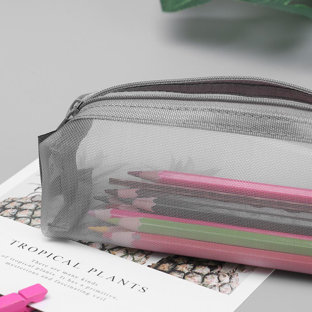 Black/White Simple Transparent Grid Zipper Pencil Case Solid Color Cosmetic Storage Nylon Mesh Pen Bag Stationery Storage Tool