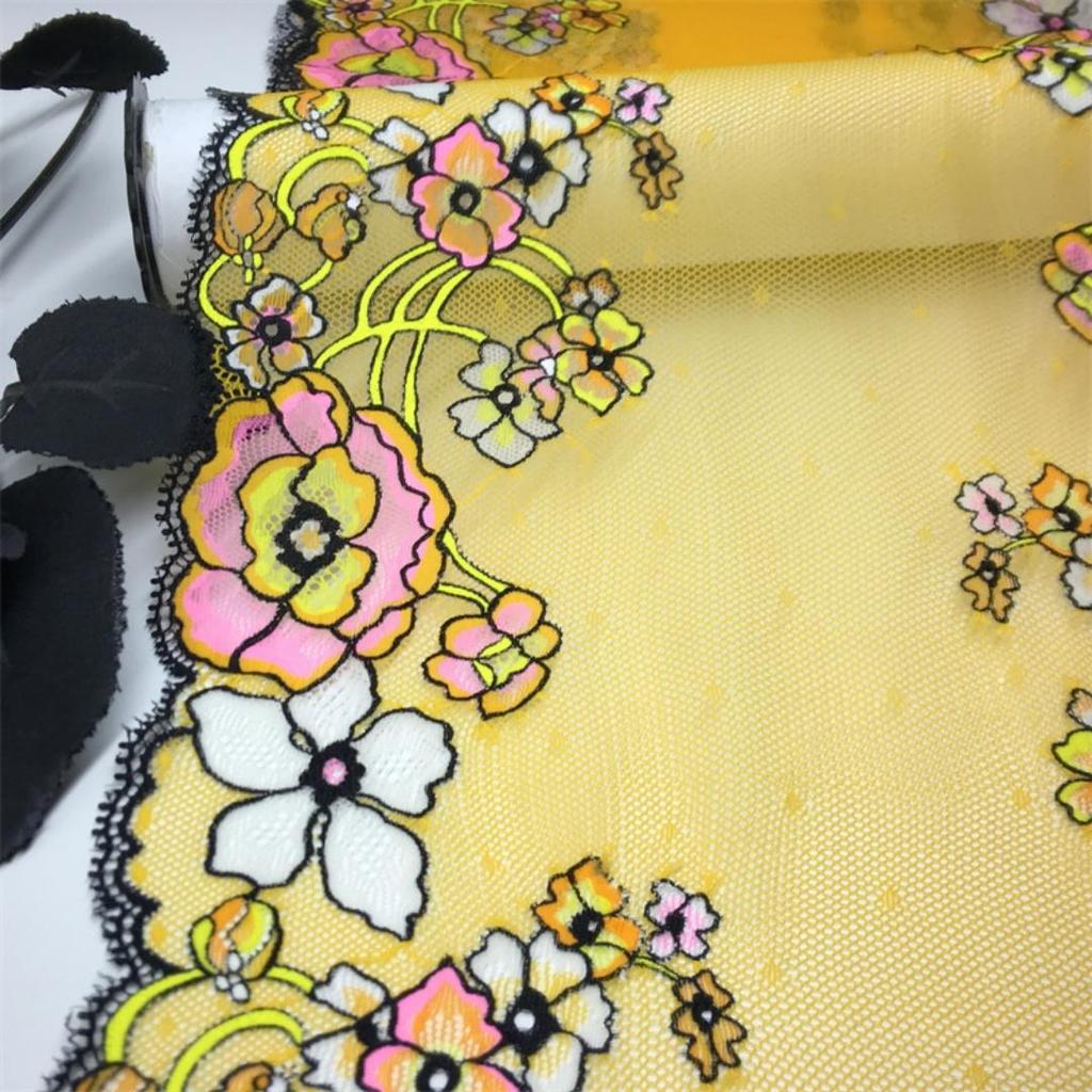 23cm wide Elastic Lace, Multicolor floral Stretch Spandex Lace with Yellow Mesh for Lingerie, Bra, Underwear, Sewing & Crafting