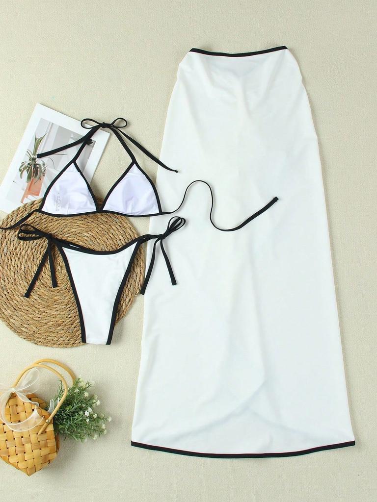 Women's Swimwear Printed Halter Neck Side Long Blouse Bikini Suit Three-piece Beachwear Bathing Suits