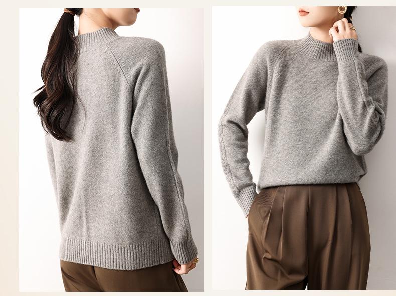 Women's Yak Wool Cable Knit Sweater, Autumn 2026, Half-High Neck, Elegant Style, Solid Color, Thick Pullover Sweater