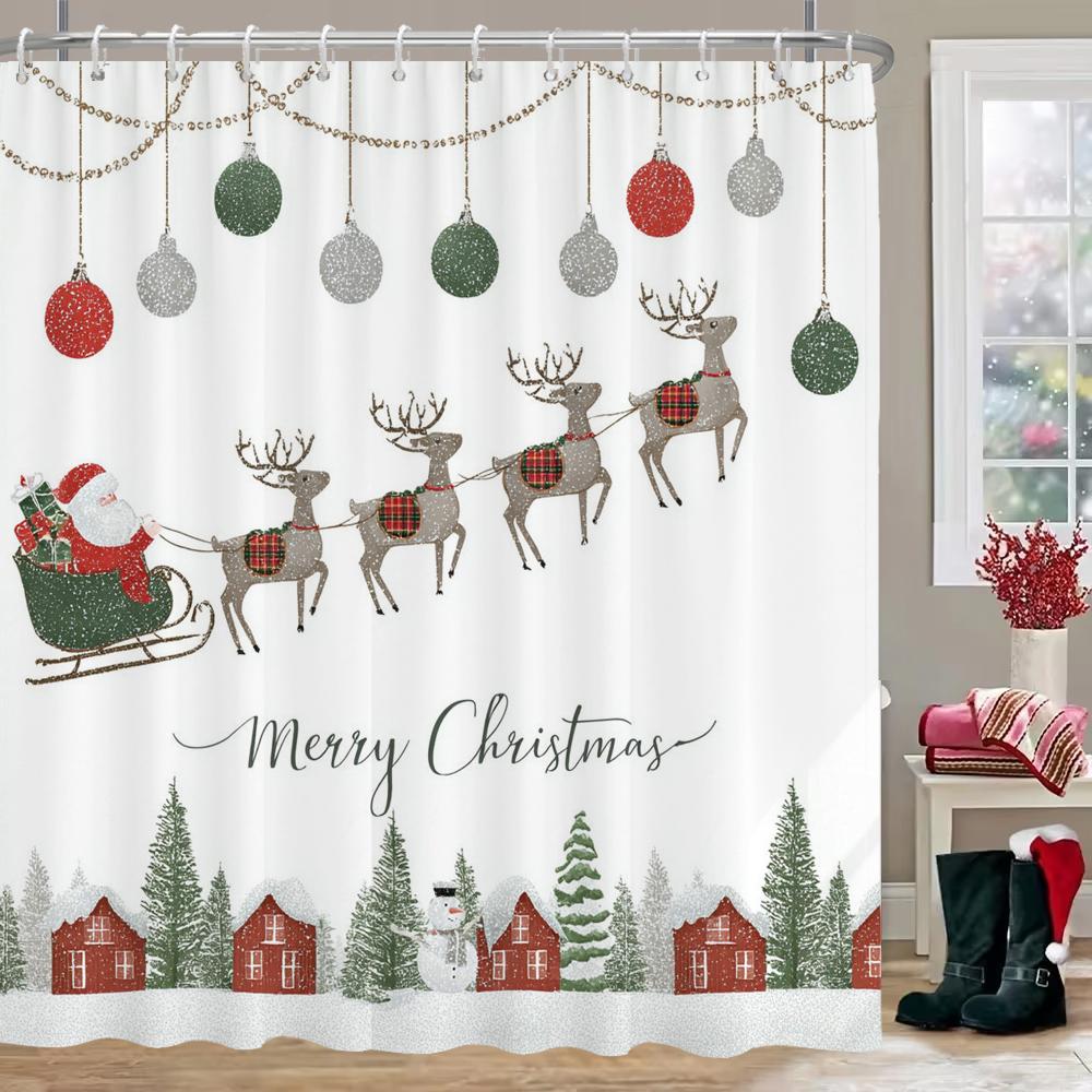 Christmas Elk Shower Curtain With 12 Hooks for Bathroom, Reindeer Bath Curtain With Xmas Lamps, Deer Balls for Holiday Decor