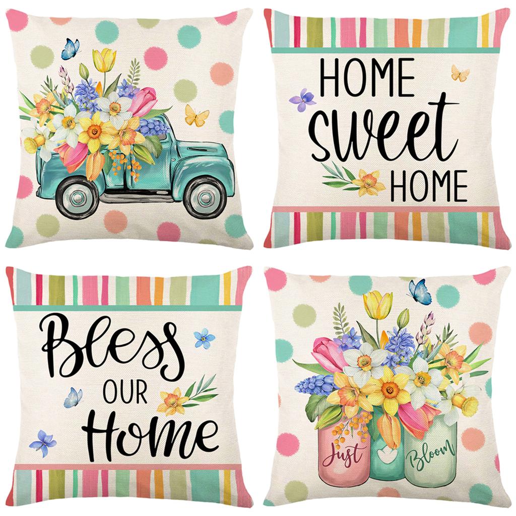 4 Stück Blumen Überwurf Kissenbezüge Quadratisch Leinen Taillenschutz Kissenbezug Bett Sofa Kissenbezüge Heimdekor Kissenbezüge 45x45CM