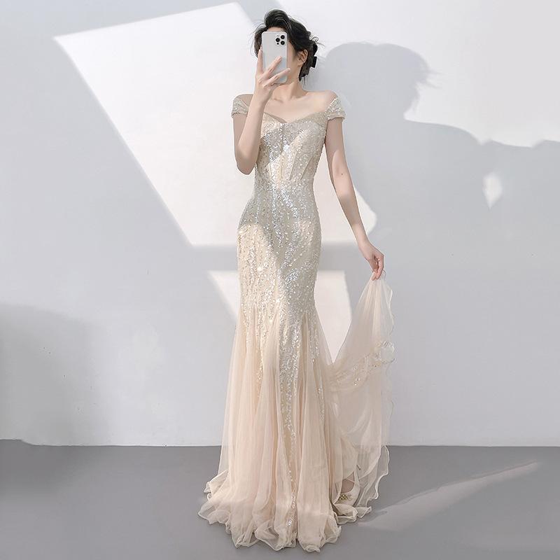 Champagne Fishtail Evening Dress New Temperament Long Beautiful Host One-word Shoulder Fishtail Sequined Long Dress