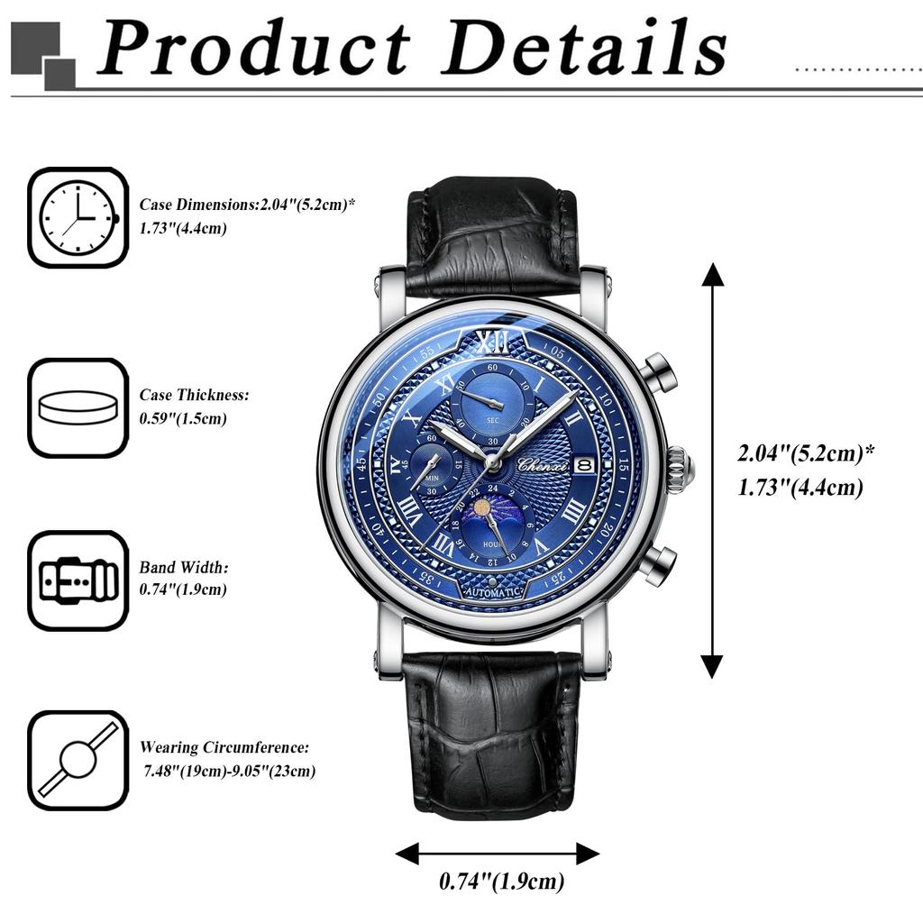 Starry Sky Watch Genuine Leather Strap Roman Alphabet Analog Display Luminous Calendar Moon Phase 3ATM Waterproof Quartz Leisure Business Stylish