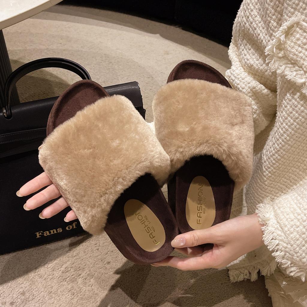 2025 Simple and Versatile New One-word Fluffy Slippers for Women To Wear In Autumn and Winter, Non-slip and Comfortable Height-increasing Cotton Slip