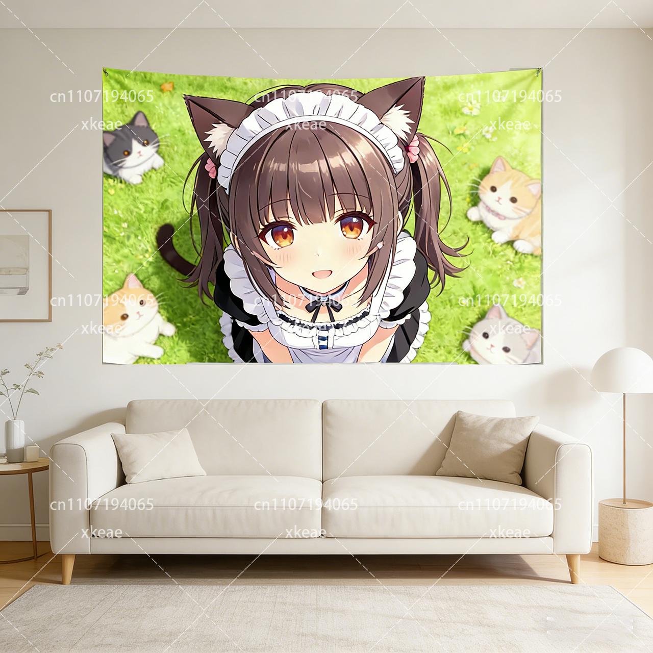 

Anime Cat Ear Maid Kittens Tapestry Green Lawn Wall Hanging Bedroom Living Room Decor Flat Print 74x94cm(29x37in)
