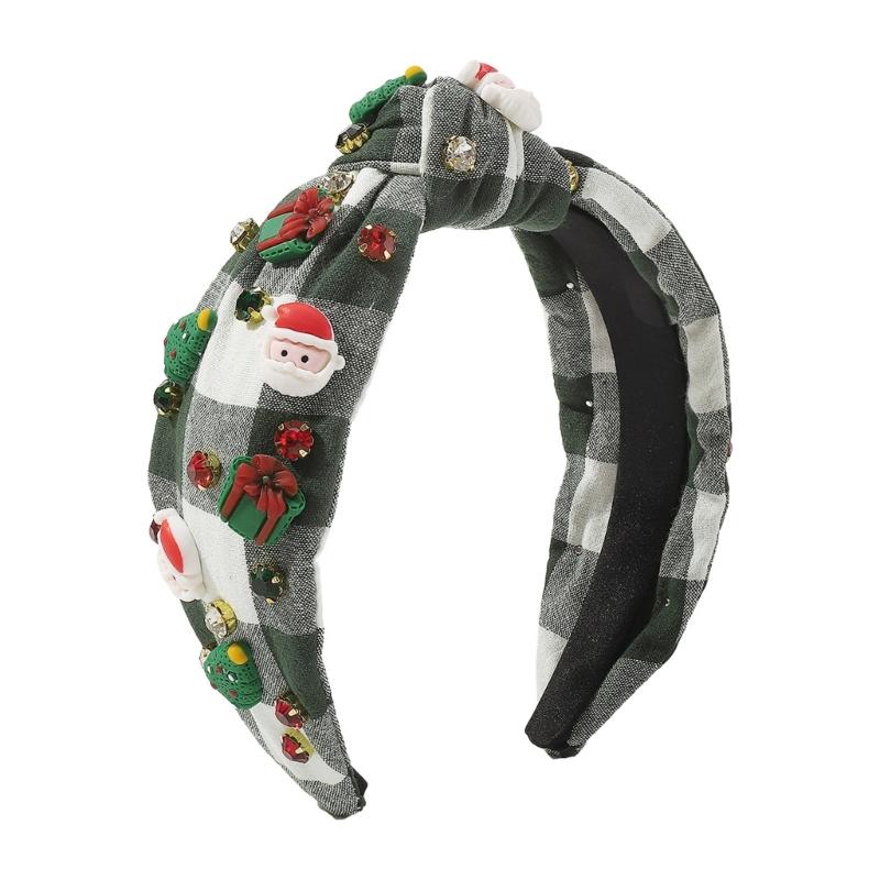 Christmas Theme Headband for Women Girl Non-Slip Knot Turban Headband Makeup Hairhoop Rhinestone Charm Plaids Hair Hoop