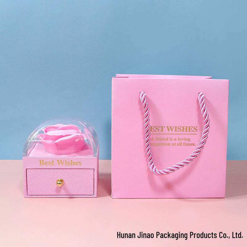 Macaron Color Jewelry Box with Soap Flower and Drawer - Holds Rings, Stud Earrings, and Necklace Pendants.