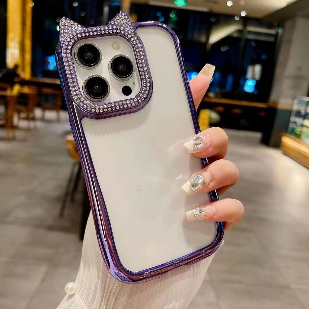 Diamentowe Uszy Kota Odpowiednie do Etui na Telefon IPhone16 Gradientowy Brokatowy Puder Apple 15 All Inclusive 14ProMax Miękkie Etui 13