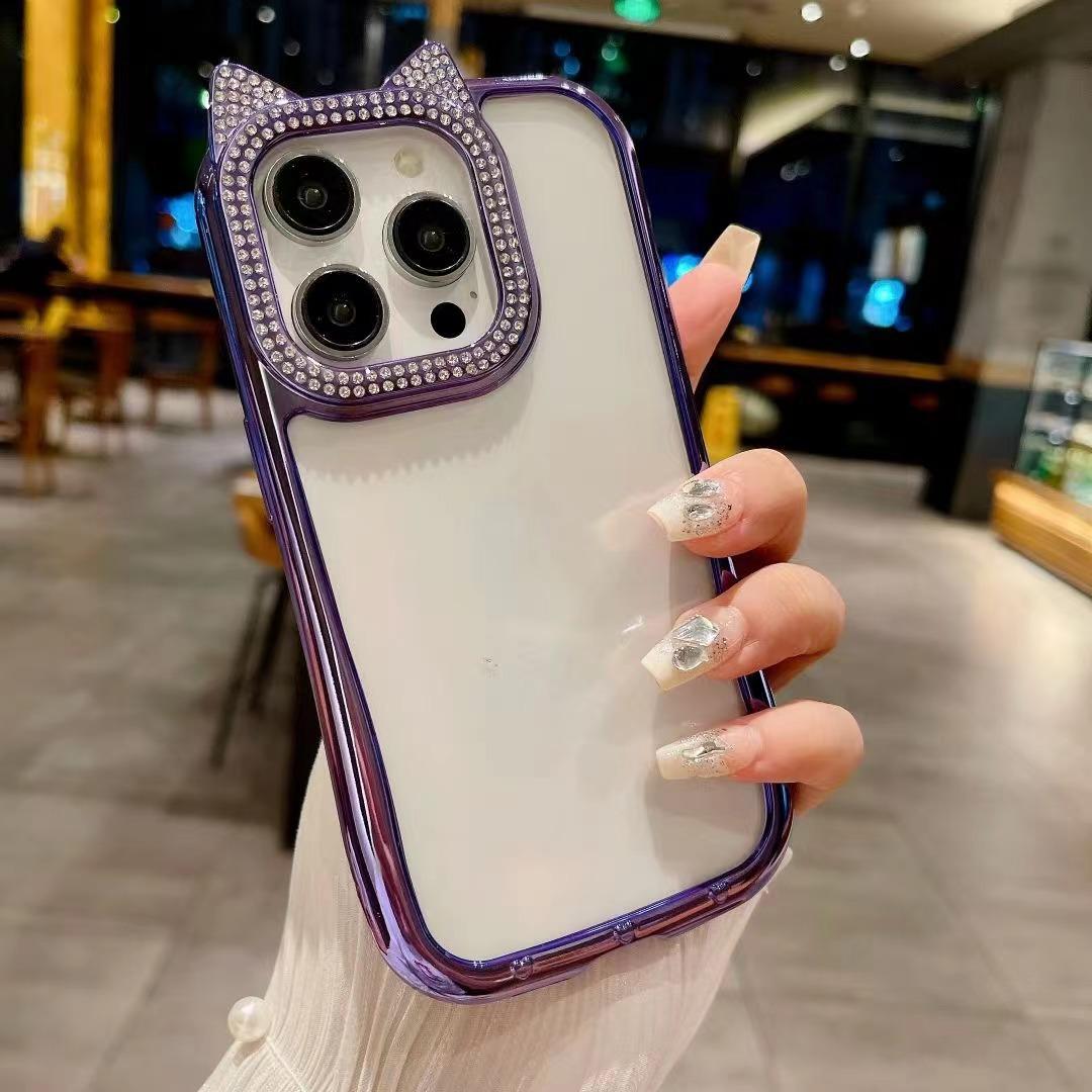 

Diamond Cat Ears Suitable for IPhone16 Mobile Case Gradient Glitter Powder Apple 15 All Inclusive 14ProMax Soft Case 13 iPhone16