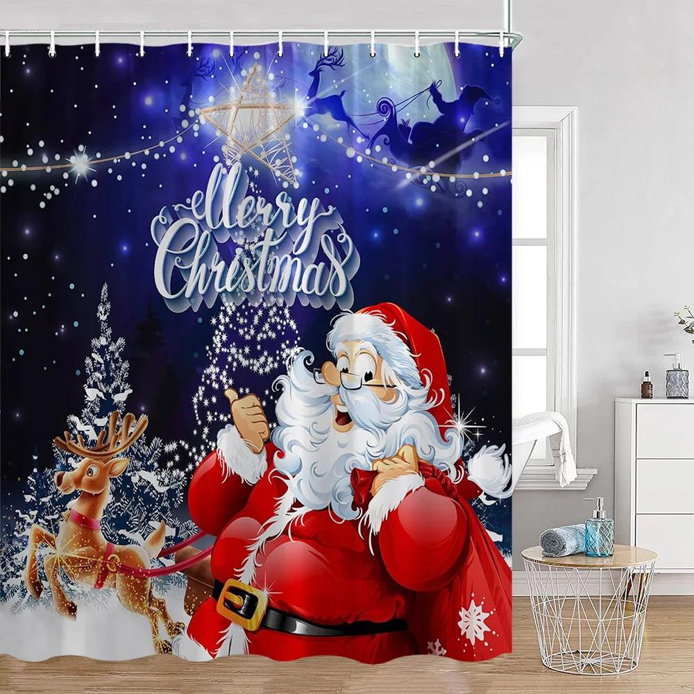Santa Claus Christmas Red Shower Curtain Happy New Year Gifts Deer Bathroom Decor Winter Holiday Polyester Fabric Bath Curtain
