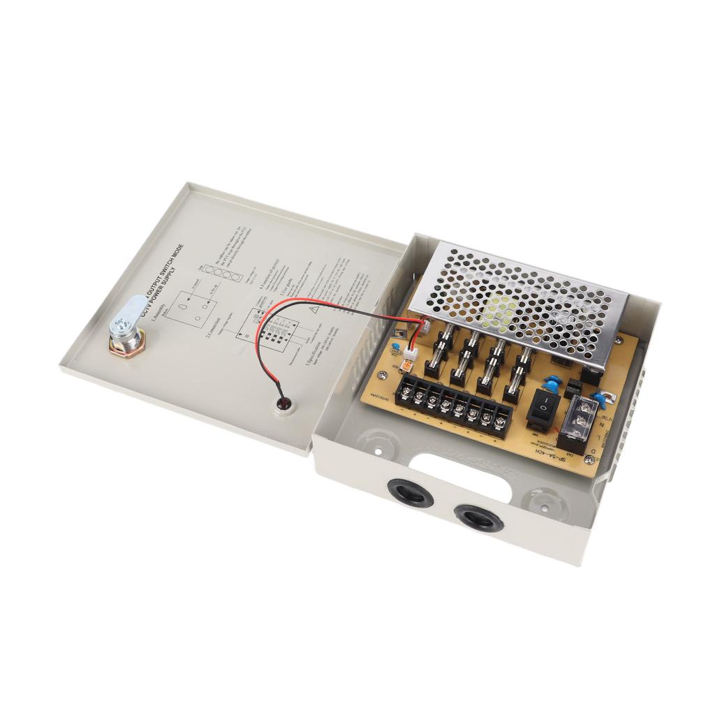 CCTV napájecí box, rozvodná krabice, 12V, 4 kanály, pojistka 5A, 110V/220V s kovovým krytem