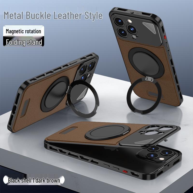 Aluminum Alloy Leather Buckle Phone Case with Rotating Stand for iPhone 16 Pro Max, Compatible with Apple 14