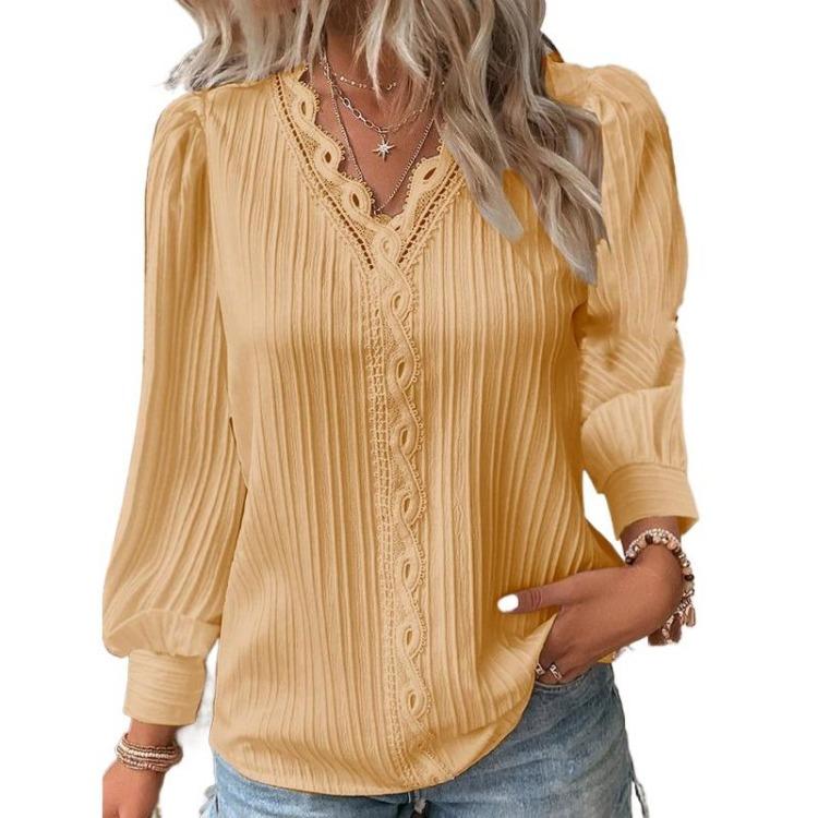 Women Fashion V Neck Blouse Long Sleeve Pullover Shirt Casual Solid Color Print Spring Fall Tops