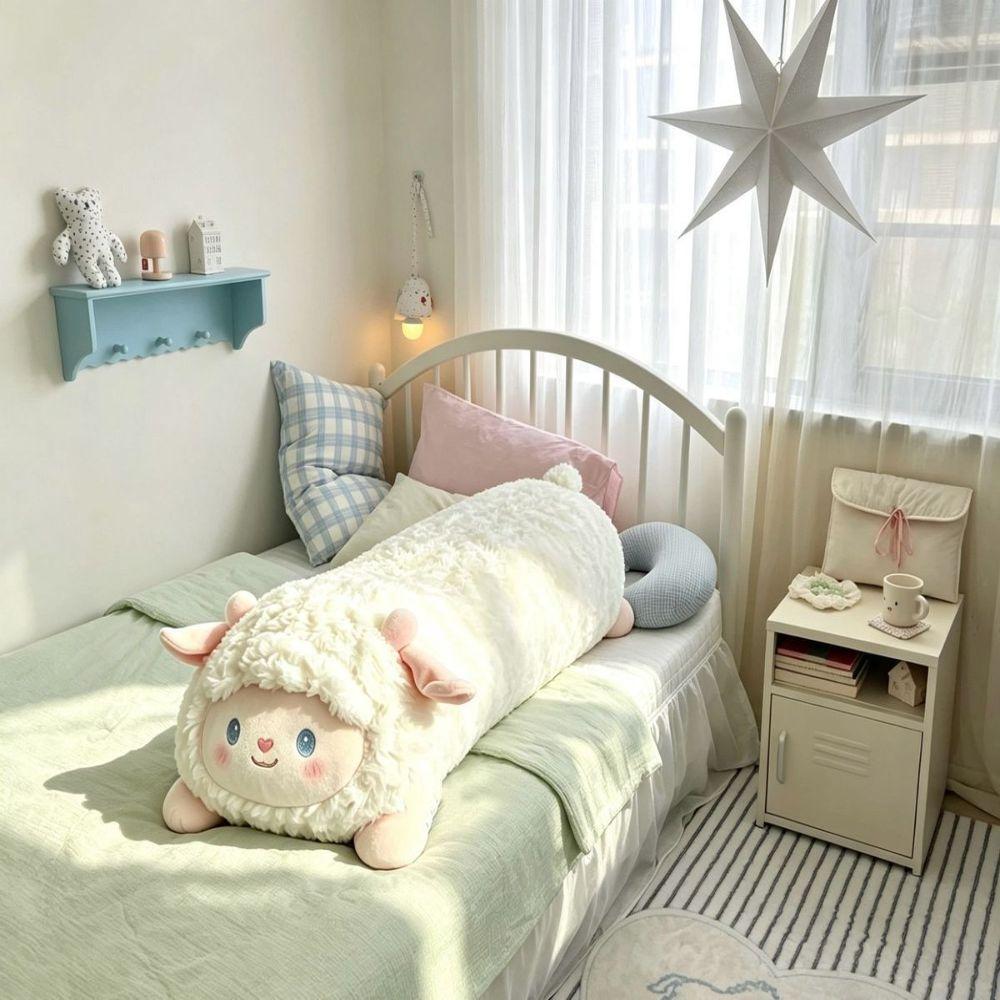 Cylindrical Shape Long Sleeping Pillow White Sheep Stuffed Animal Doll  Sheep Body Pillow