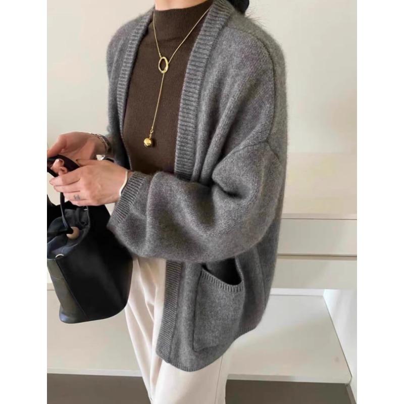Solid Color V-neck Cardigan Women In The Long V-neck Thickened Autumn and Winter Lazy Soft Leisure Loose Warm Coat