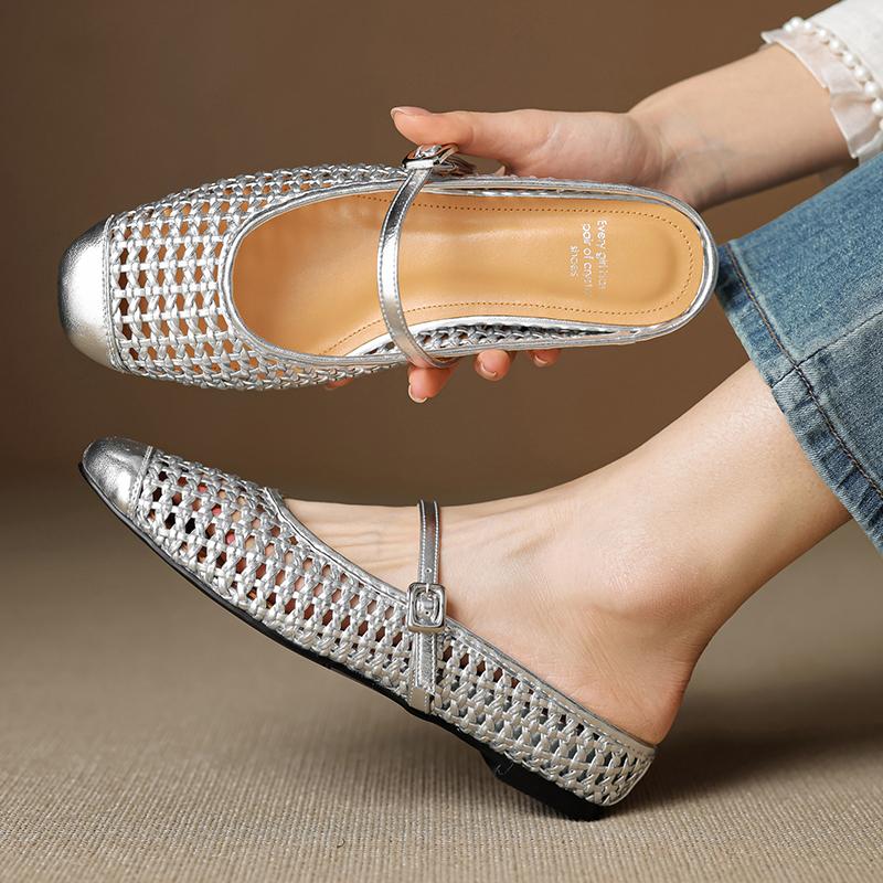 

Мода 2025 Новые летние плетеные тапочки с закрытым носком, сандалии из сетки, женские туфли на каблуке, увеличивающие рост, женские туфли, современные тапочки, серебристые 40