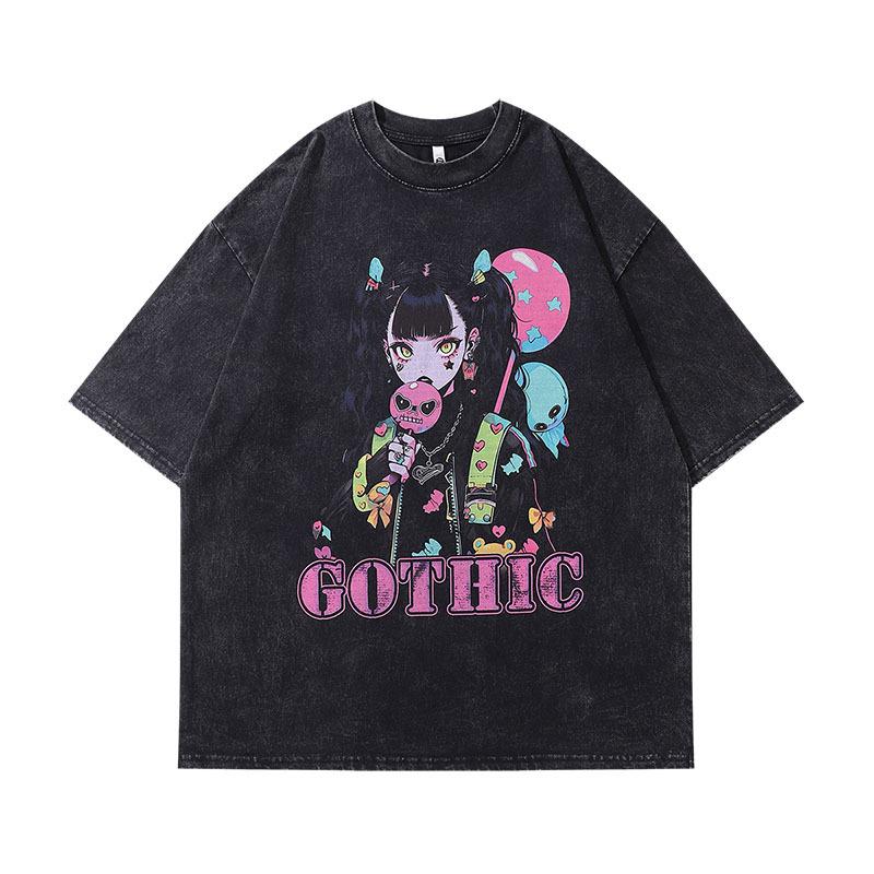 Harajuku Japanese Cartoon Printing Tide Brand Short-Sleeved T-Shirt Men'S And Women'S Hip-Hop Vibe Washed And Made Old Half-Sleeved Tee Shirt