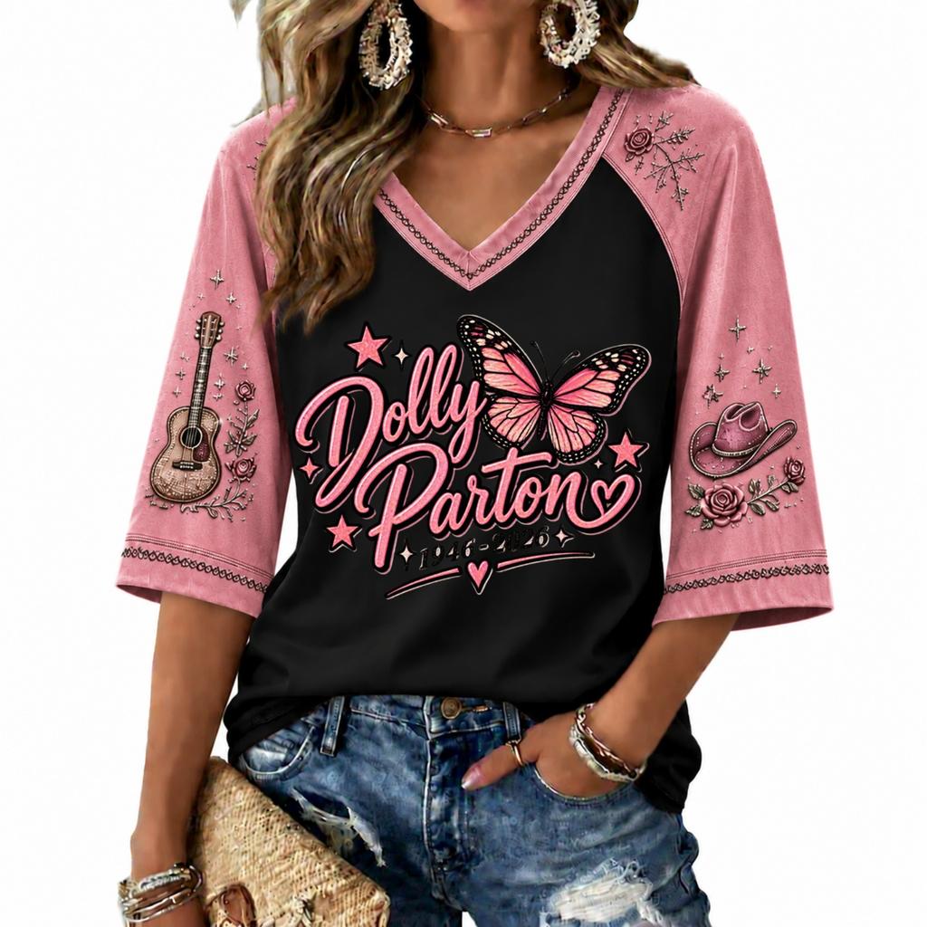Women's V-Neck Raglan Sleeve Printed Lightweight Top for Spring and Summer