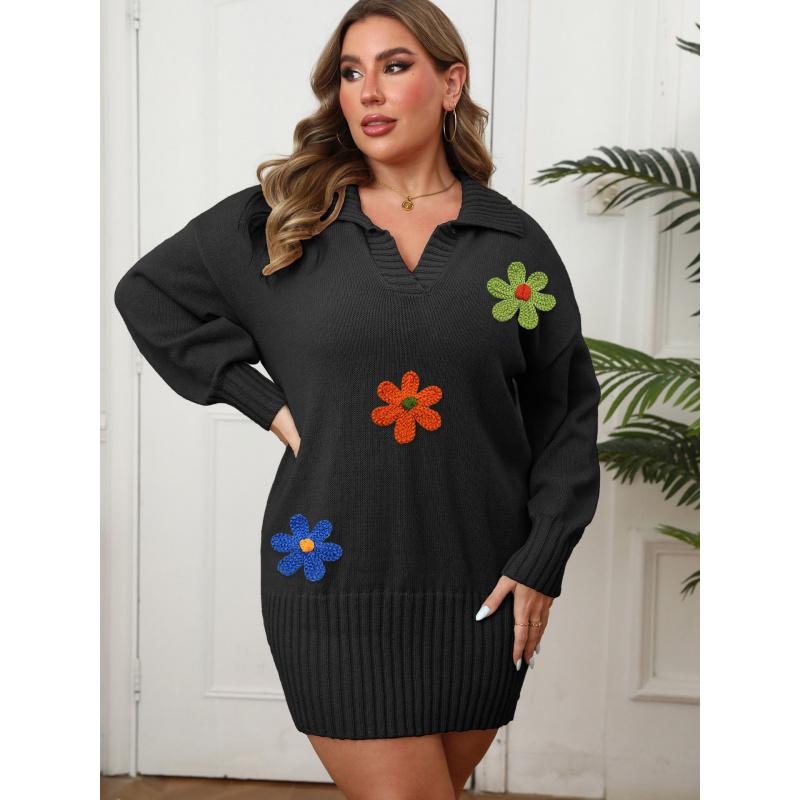 

Осенне-зимнее платье большого размера для женщин, платье-бодикон с воротником поло, вязаное, с вышивкой, с цветочной лоскутной вставкой, платье-свитер 3XL чёрный
