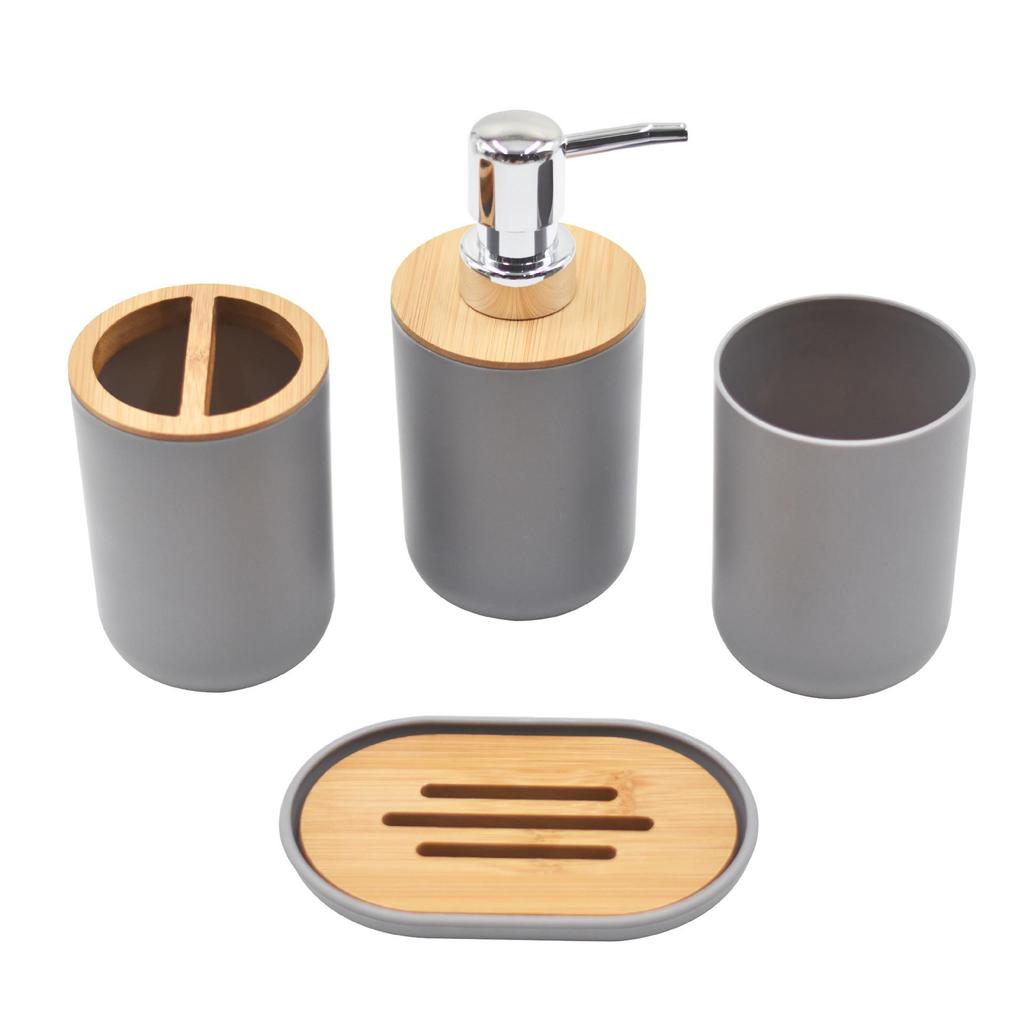 Bathroom Accessory Set: Toiletry Bottles, Toilet Brush, and Trash Can