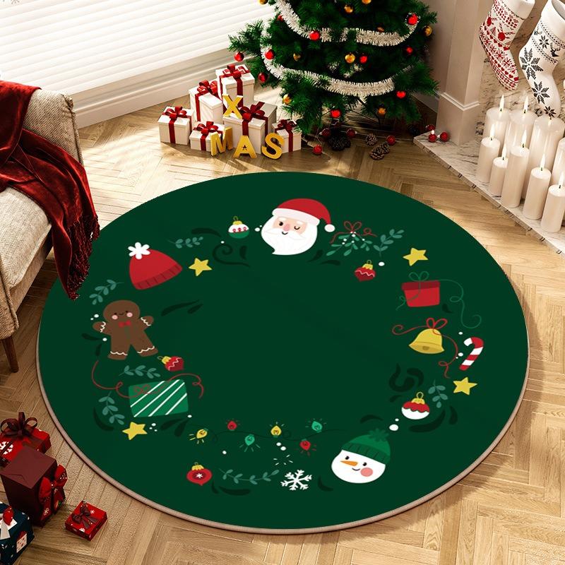 Christmas Round Carpet Holiday Party Decor Floor Mat Santa Gingerbread Bell Snowman Print Anti-slip Rug for Bedroom Living Room
