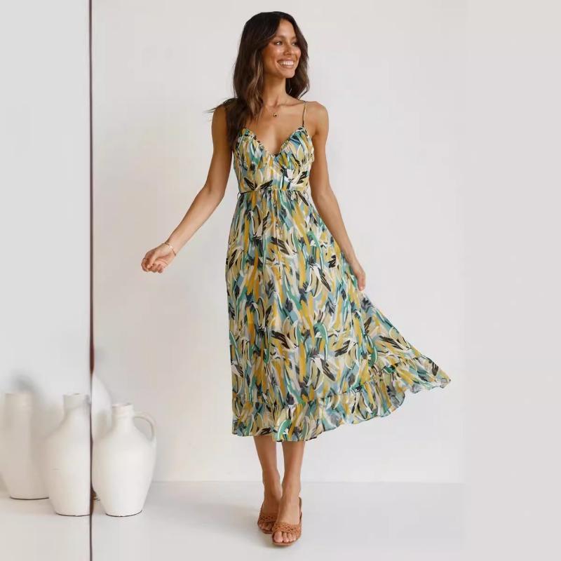 Summer Women's Printed Black Ear Sling Dress