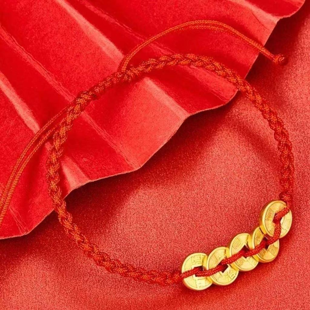 Fashionable Red Woven Bracelet with Five Emperors Copper Coins and Golden Pendant