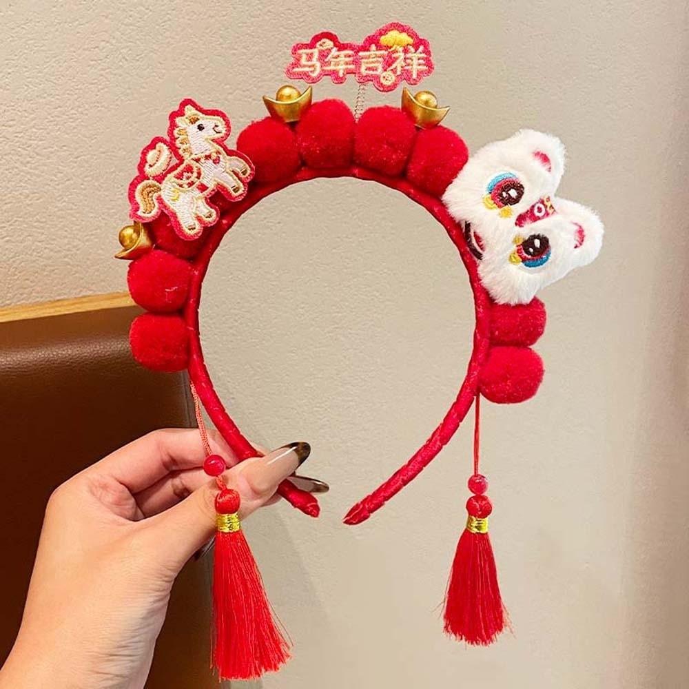 Lion New Year Tassel Hair Hoop Embroidered Bow Ancient Style Hair Clips Winter