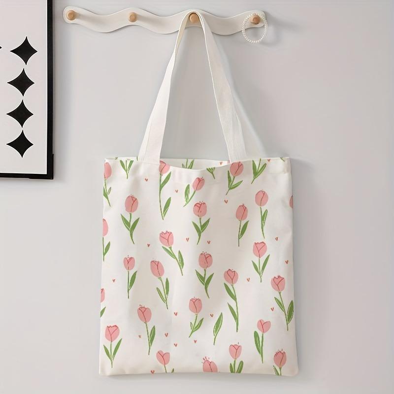 Floral Letter Pattern Printed Tote Bag Able Reusable Shoulder Bag Polyester Handbag Lightweight Casual Shopper Bag