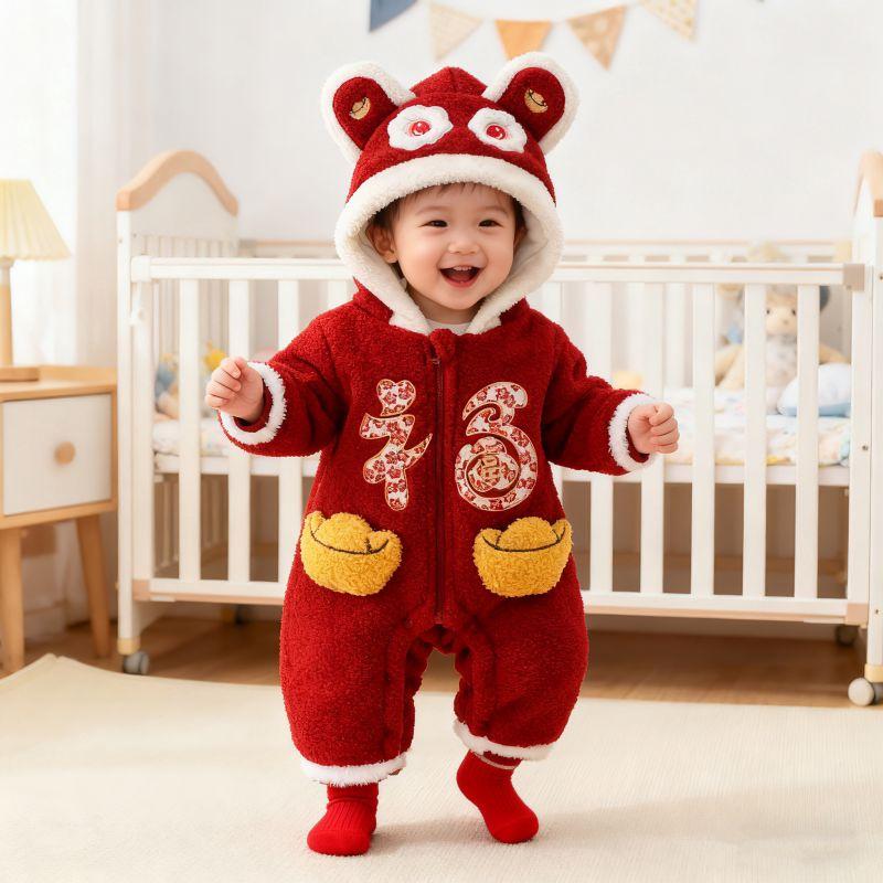 New Year Greeting Outfit for Baby Boys, Red New Year Clothes, Winter Thickened One-Year-Old Boy s Birthday Outfit, One-Piece Romper Burgundy 66