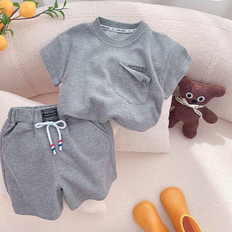 Stylish Summer Children s Waffle Set Soft Cotton Short Sleeve Top And Shorts Outfit 80cm/31.50in серый