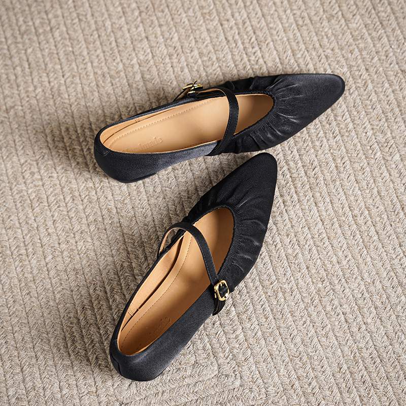 Krazing Pot Sheep Skin Summer Spring Autumn Low Heels Women Square Toe Mary Janes Shallow Pleated Decoration Pumps