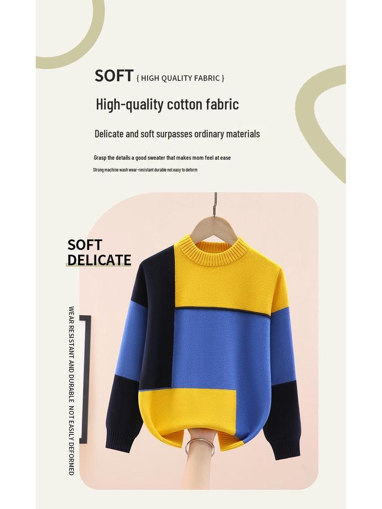 Chłopięcy bawełniany sweter z okrągłym dekoltem w blokach kolorystycznych - z podszewką polarową, gruby dzianinowy na jesień/zimę.