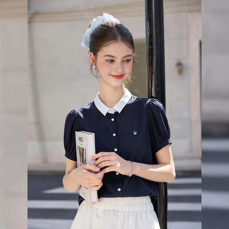Women s Sweet Style Color Block Puff Sleeve Shirt XL темно-синий
