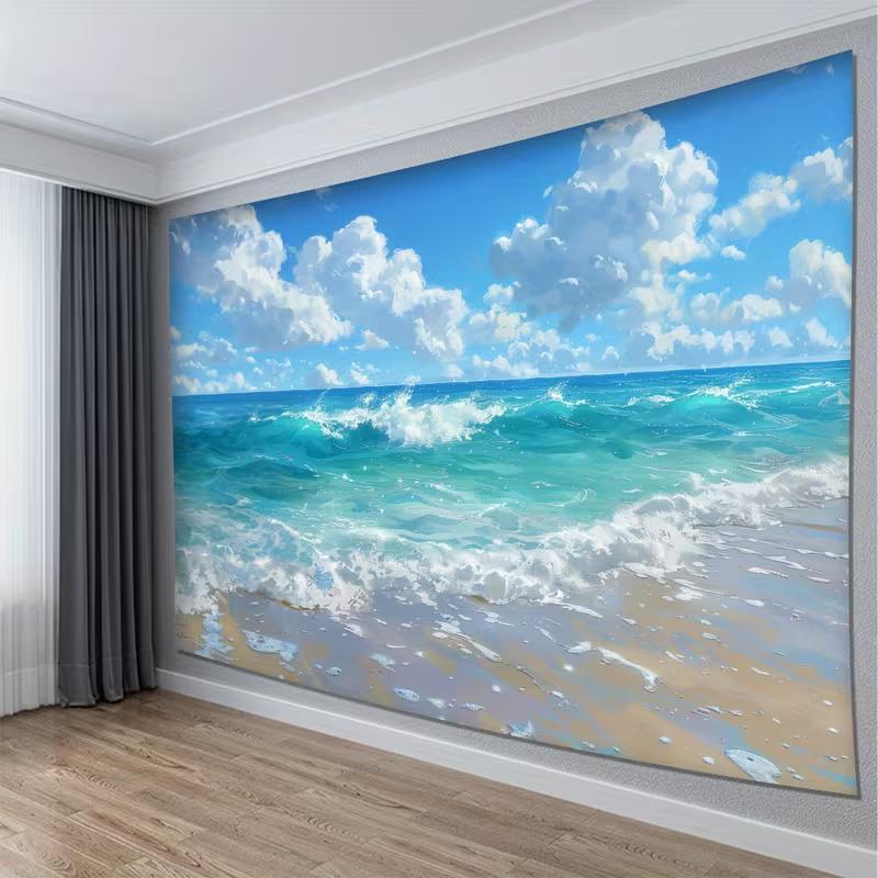2D Coastal Beach & Ocean Waves Tapestry Bright Sunny Nature Art Wall Decor Cloth for Home & Bedroom