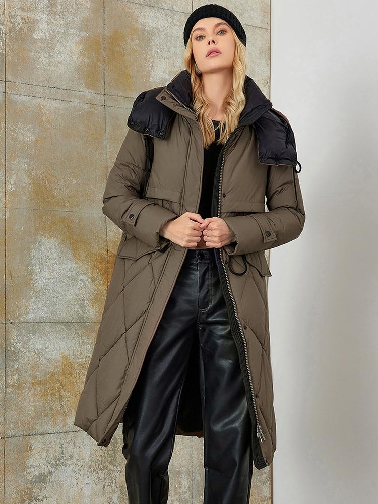 PINK CHIC 2025 New Winter Coat Women Down Jackets High Quality Rhombic Warm Lace up Hooded Long version Female Parka W6553