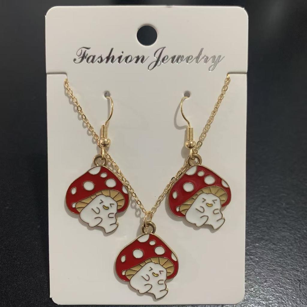 Popular Fashion Accessories, Creative Cute Mushroom Pendant, Earrings, Neck Chain, Sweet Cartoon Necklace Two-piece Set