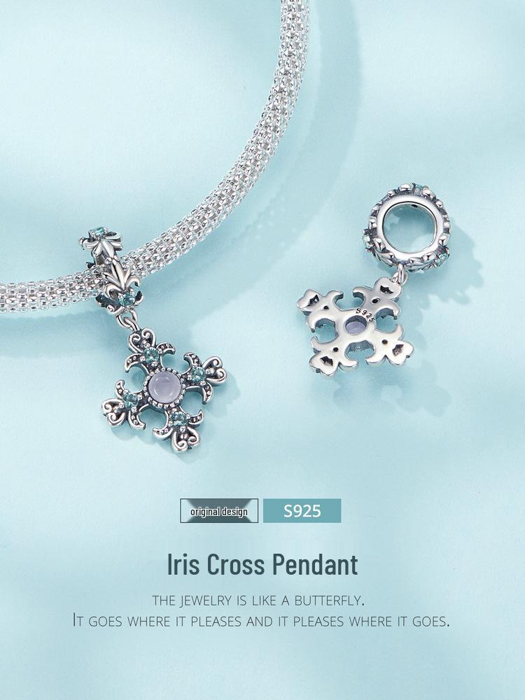 Retro Iris Cross Pendant in S925 Sterling Silver with Platinum-Plated Beads for DIY Jewelry