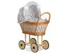 Hoge rieten poppenwagen met grijze bekleding en voering - naturel