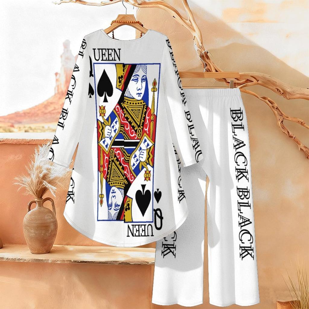 Geometric Pattern Print Two Piece Outfit Women Long Sleeve Irregular Hem Tunic Top Wide Leg Pants Casual Matching Set