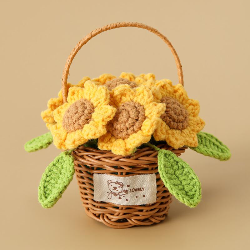 Lovely Hand-knitted Sunflower Basket Romantic Crochet Wedding Flowers Home Office Table Decor