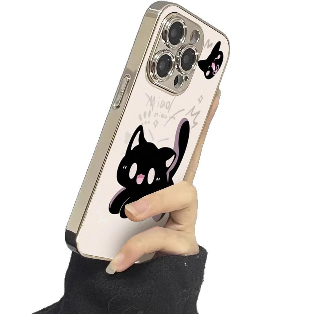 Surprised Little Black Cat for Apple 16promax Phone Case New for IPhone 1 5 Plated Protective Cover New