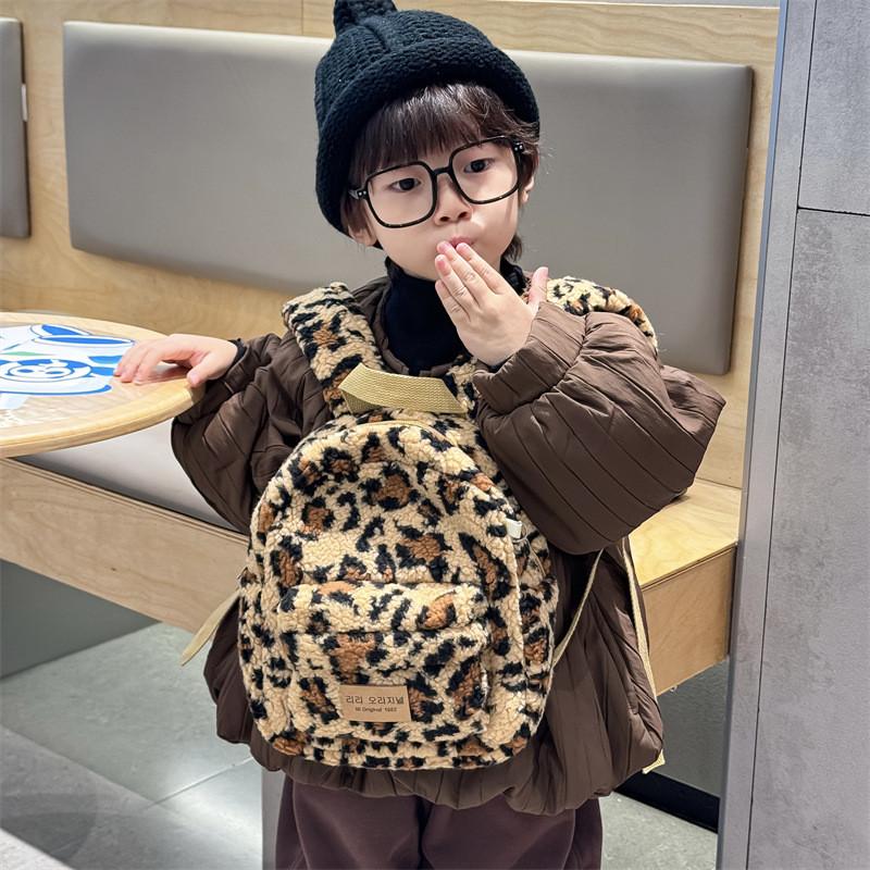Breathable Chic Plush Leopard Print Backpack For Children In Grey Tan And
